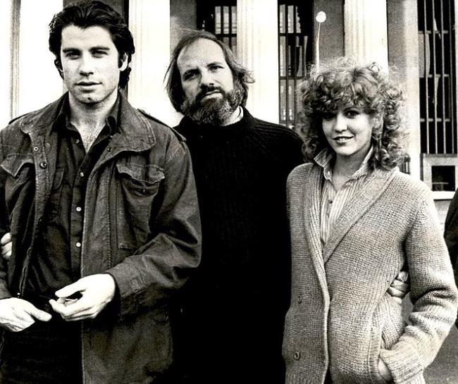 (From l to r) John Travolta, Brian De Palma, and Nancy Allen seen promoting Blow Out in 1981